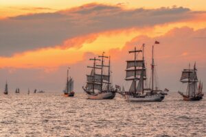 hansesail, rostock, sail, warnemünde, sailing ship, baltic sea, sea, ship, seafaring, mecklenburg western pomerania, maritime, heaven, nature, coast, sailboat, water, shipping, vacations, summer, event, sunset